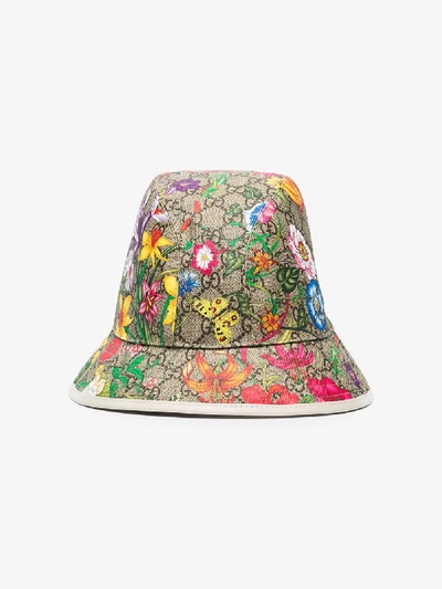 Shop Gucci Multicoloured Floral Print Fedora Hat In Brown