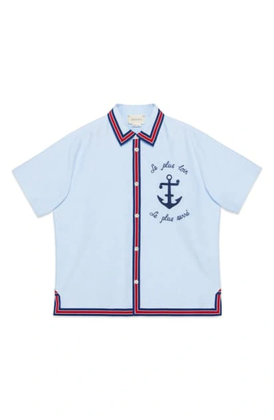 Shop Gucci Anchor Embroidered Button-up Shirt In Baby Blue