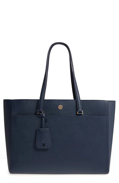 Shop Tory Burch Robinson Leather Tote In Royal Navy / Black