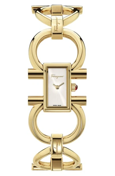 Shop Ferragamo Double Gancini Bracelet Watch, 13.5mm X 23.5mm In Gold/ White Sunray/ Gold