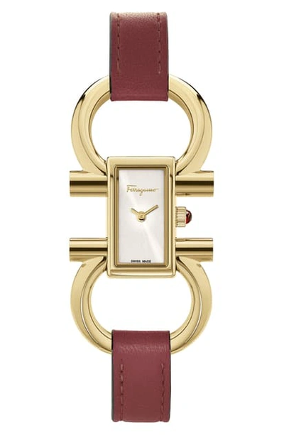 Shop Ferragamo Double Gancini Bracelet Watch, 13.5mm X 23.5mm In Red/ White Sunray/ Gold