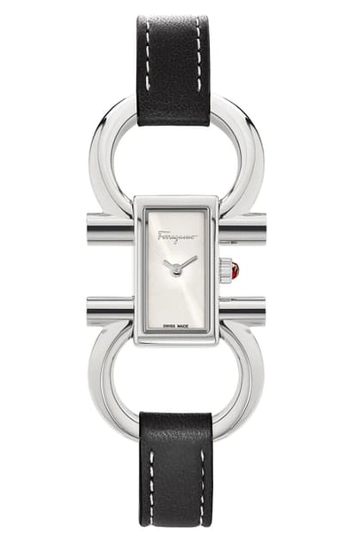 Shop Ferragamo Double Gancini Bracelet Watch, 13.5mm X 23.5mm In Black/ White Sunray/ Silver
