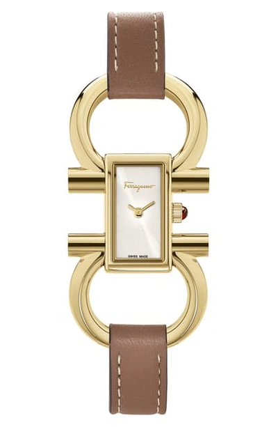 Shop Ferragamo Double Gancini Bracelet Watch, 13.5mm X 23.5mm In Brown/ White Sunray/ Gold