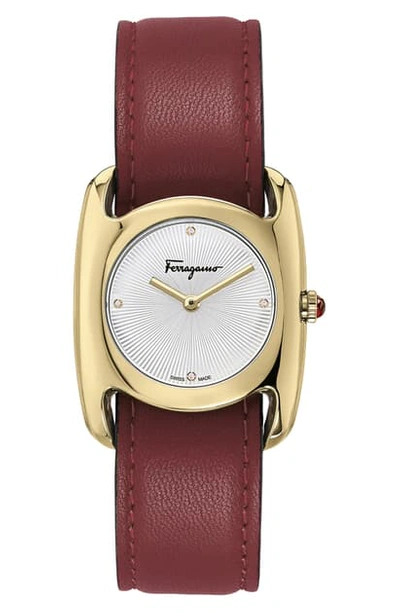 Shop Ferragamo Salvatore Feragamo Vara Leather Strap Watch, 28mm X 34mm In Red/ White Guilloche/ Gold