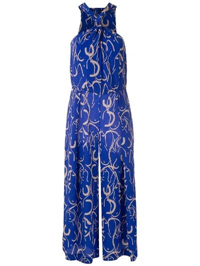 Shop Andrea Marques Cropped Printed Jumpsuit In Blue