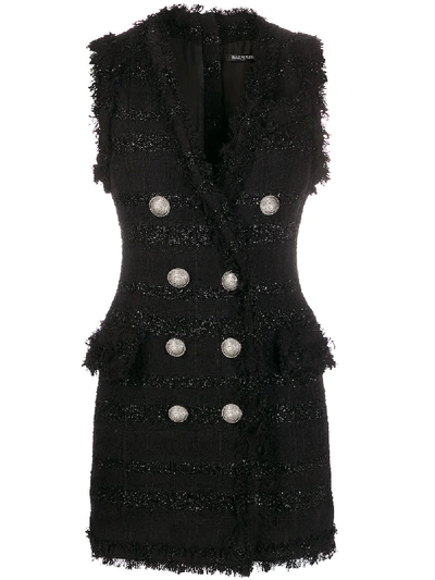 Shop Balmain Sleeveless Tweed Fitted Dress In Black