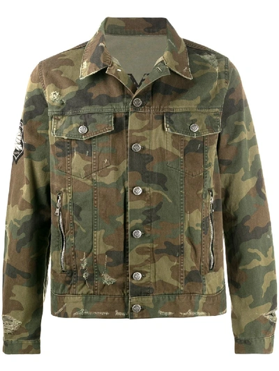 Distressed Camouflage Denim Jacket In Green
