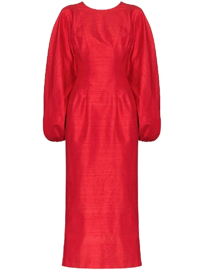 Shop Rasario Pouf-sleeve Midi Dress In Red