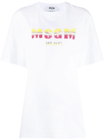 Shop Msgm Sequin Embroidered Logo T-shirt In White
