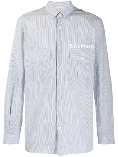 Shop Balmain Striped Logo Print Shirt In Blue