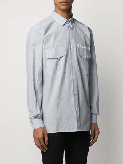 Shop Balmain Striped Logo Print Shirt In Blue