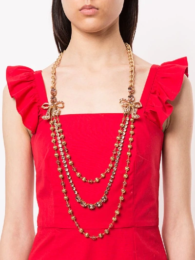 Shop Dolce & Gabbana Beaded Crystal Bow Layered Necklace In Gold