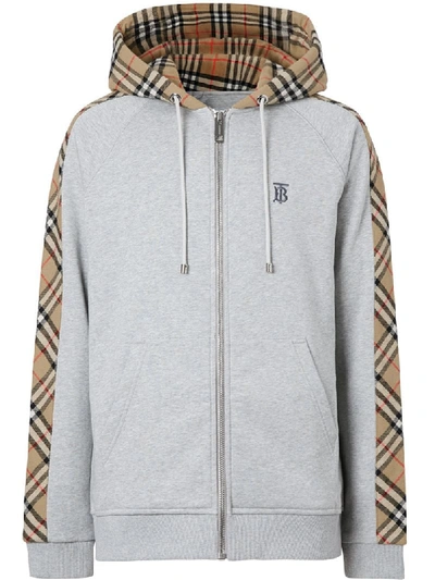 Shop Burberry Vintage Check Panel Zipped Hoodie In Grey