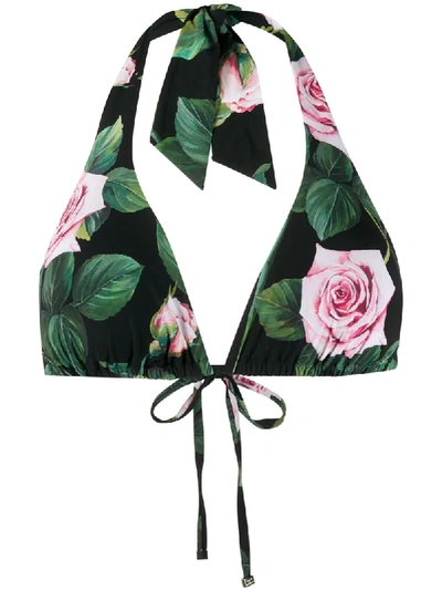 Shop Dolce & Gabbana Rose Print Bikini Top In Green