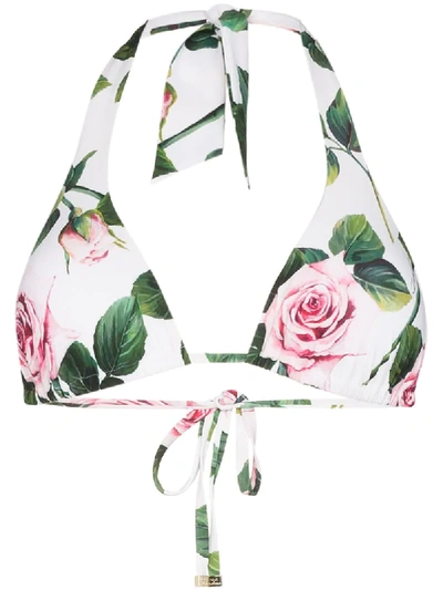 Shop Dolce & Gabbana Rose Print Triangle Bikini Top In Green