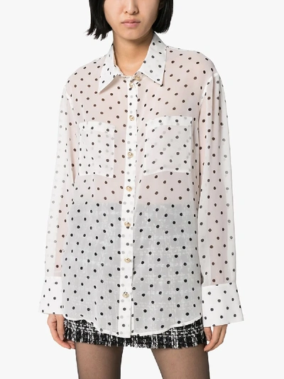 Shop Balmain Polka Dot Sheer Silk Shirt In White