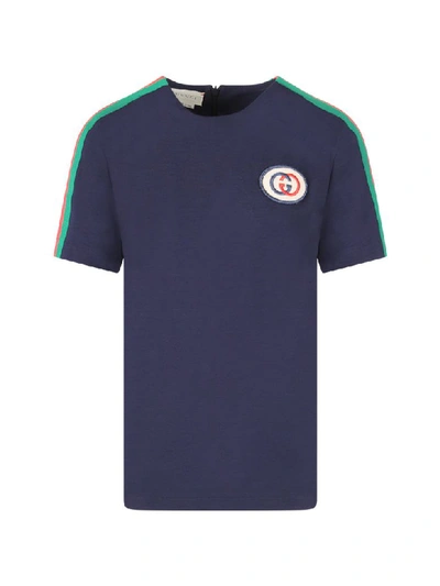 Shop Gucci Blue T-shirt For Girl With Red And Green Web Detail
