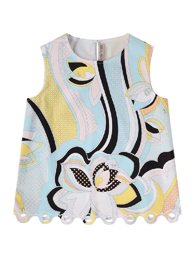 Shop Emilio Pucci Light Blue Blouse For Girl With Colorful Iconic Print In Multicolor