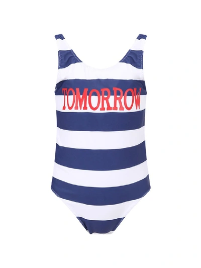 Shop Alberta Ferretti Blue And White Girl Swimsuit With Red Tomorrow Writing