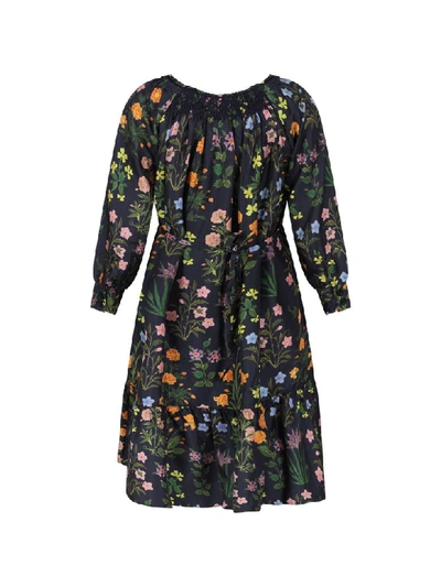 Shop Oscar De La Renta Blue Dress For Girl With Colorful Flowers In Multicolor