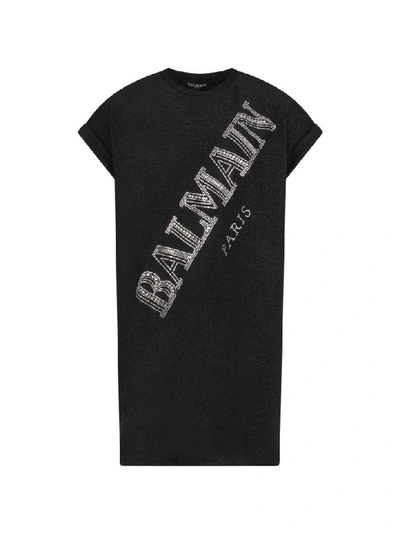 Shop Balmain Black Dress With Rhinestoned Logo For Girl