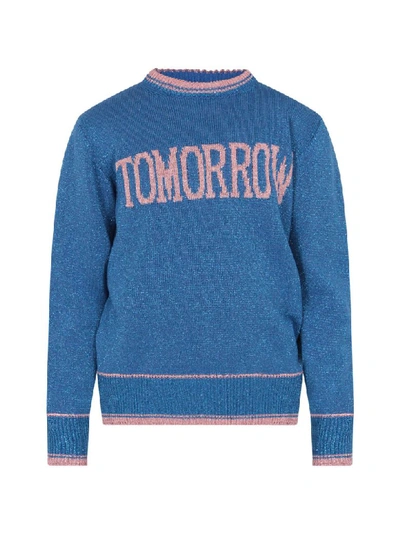 Shop Alberta Ferretti Azure Sweater With Pink Writing For Girl In Blue