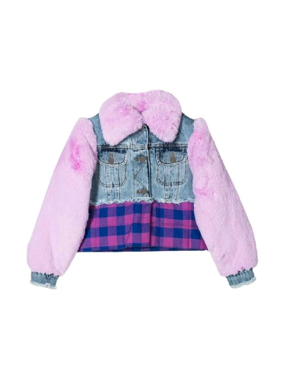 Shop Natasha Zinko Pink Lightweight Jacket With Fur And Denim Details