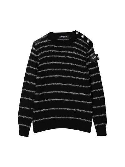 Shop Balmain Virgin Wool Sweatshirt In Nero/bianco