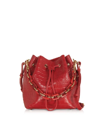 Shop Lancaster Exotic Croco Embossed Leather Bucket Bag In Red