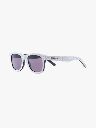 Shop Saint Laurent Silver Glitter Square Sunglasses