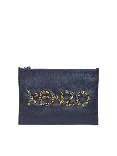 Shop Kenzo Leather Clutch With Embroidered Logo In Cuir