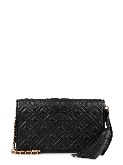 Shop Tory Burch Fleming Quilted Leather Wallet On Chain In Black