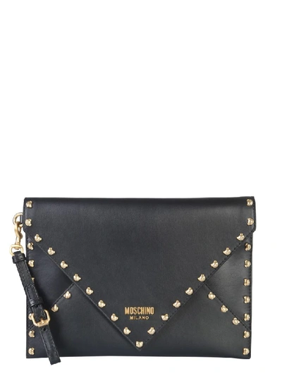 Shop Moschino Leather Clutch In Nero