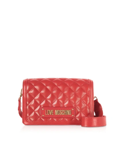 Shop Love Moschino Quilted Eco-leather Signature Crossbody Bag In Red