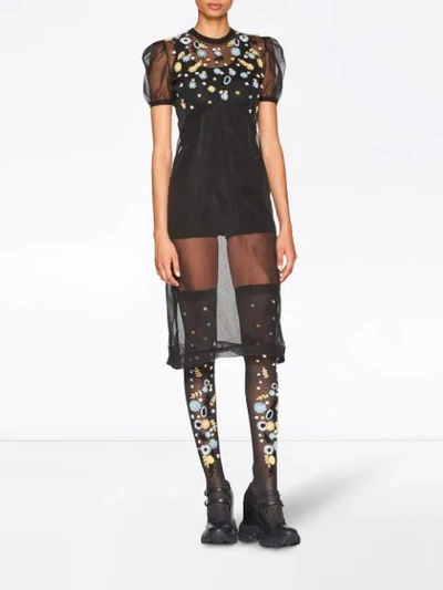 Shop Miu Miu Floral Embroidered Sheer Dress In Black