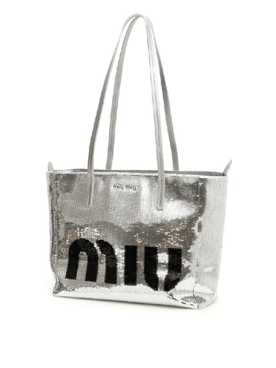 Shop Miu Miu Logo Sequins Shopper In Argento Nero (silver)