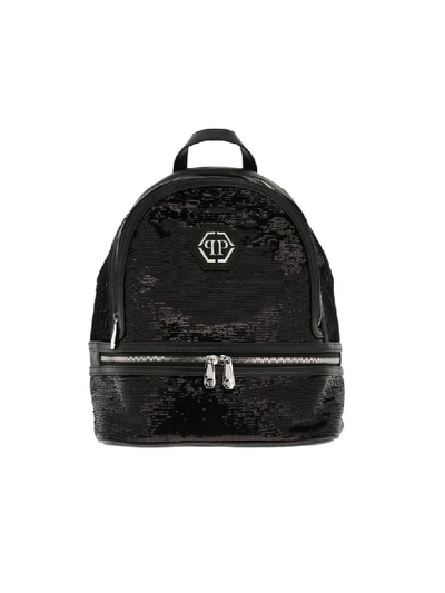 Shop Philipp Plein Backpack In Leather And Sequins With Hexagonal Monogram And Zip In Black