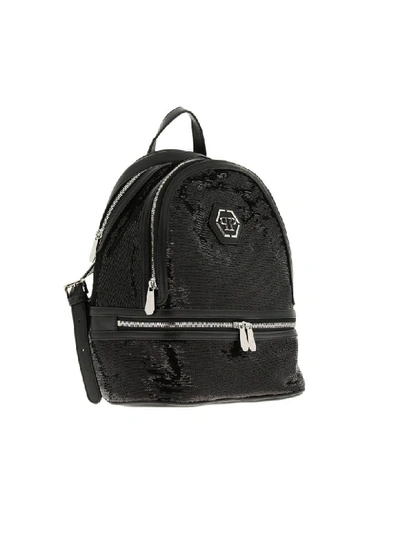 Shop Philipp Plein Backpack In Leather And Sequins With Hexagonal Monogram And Zip In Black