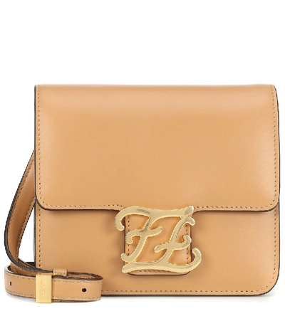 Shop Fendi Karligraphy Small Leather Shoulder Bag In Beige