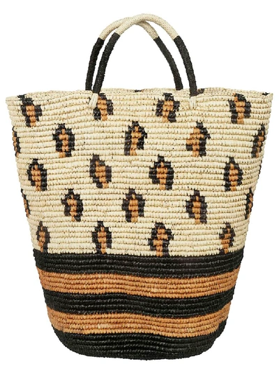 Sensi Studio Patterned Detail Weaved Tote In Natural/black/ochre