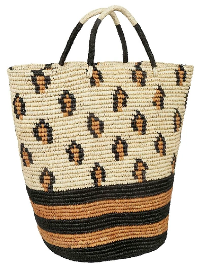 Sensi Studio Patterned Detail Weaved Tote In Natural/black/ochre