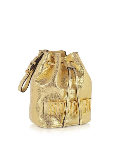 Shop Moschino Golden Leather Signature Jewel Bucket Bag