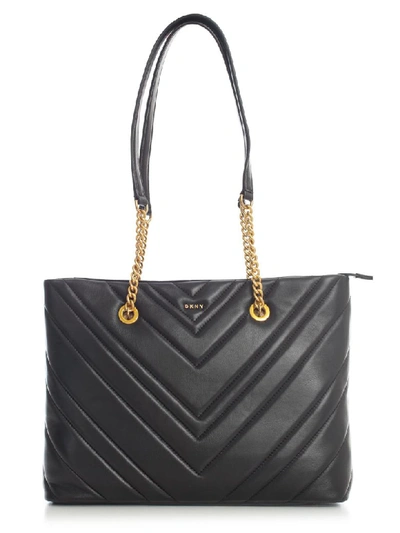Shop Dkny Vivian Md Tote Chevron Quilted Lamb Nappa In Bgd Black Gold
