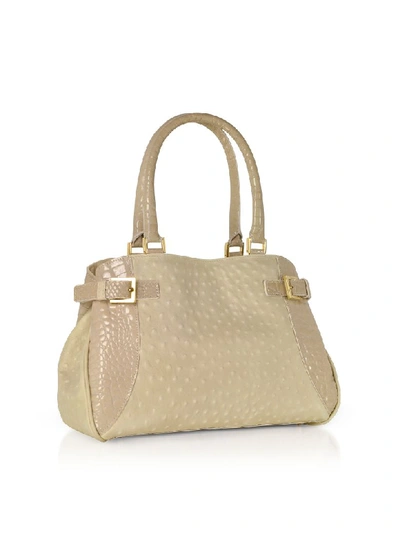 Shop Fontanelli Beige Gray Ostrich & Croco Embossed Leather Satchel Bag