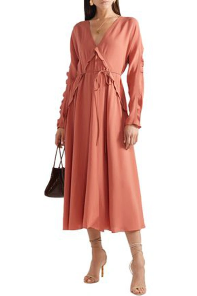 Shop Bottega Veneta Ruffle-trimmed Silk-georgette Midi Dress In Coral