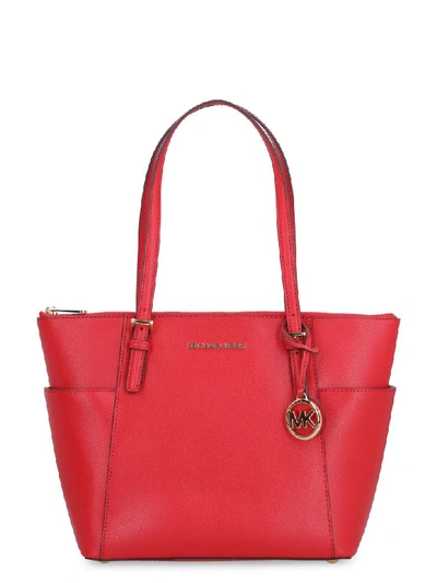 Shop Michael Kors Jet Set Pebbled Leather Tote In Red