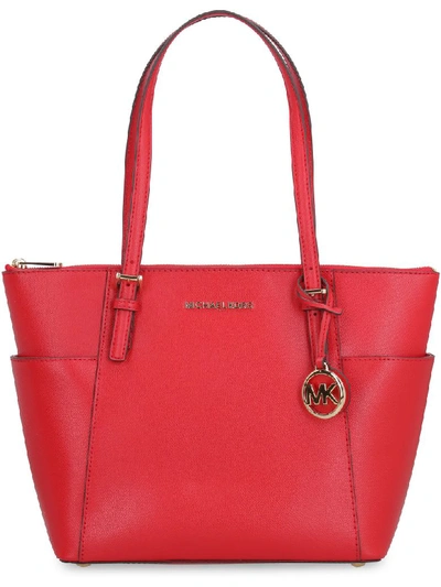 Shop Michael Kors Jet Set Pebbled Leather Tote In Red