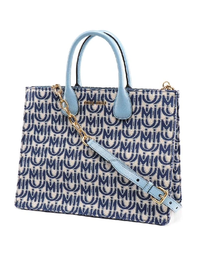 Shop Miu Miu Tote Jacquard Logo In Zhw Corda/blu+astrale