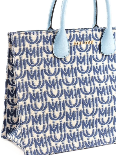 Shop Miu Miu Tote Jacquard Logo In Zhw Corda/blu+astrale