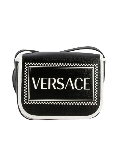 Shop Versace Vintage 90s Leather Shoulder Bag With Logo Print In Black
